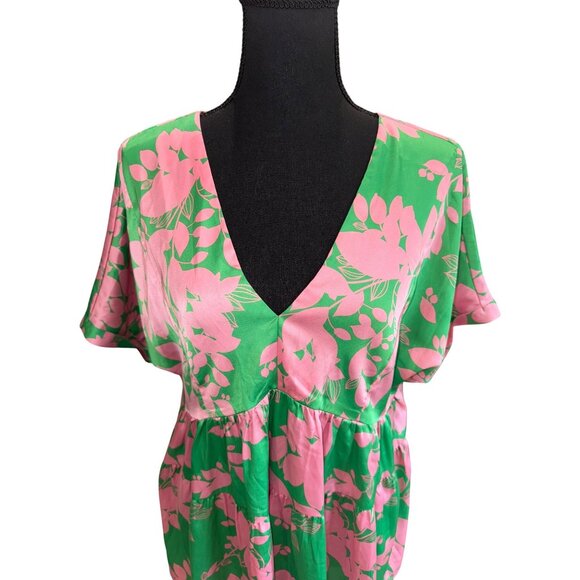 ENTRO Pink Green Floral Satin Tiered Babydoll Blouse Tassel Tie Back L Boho - Picture 3 of 10
